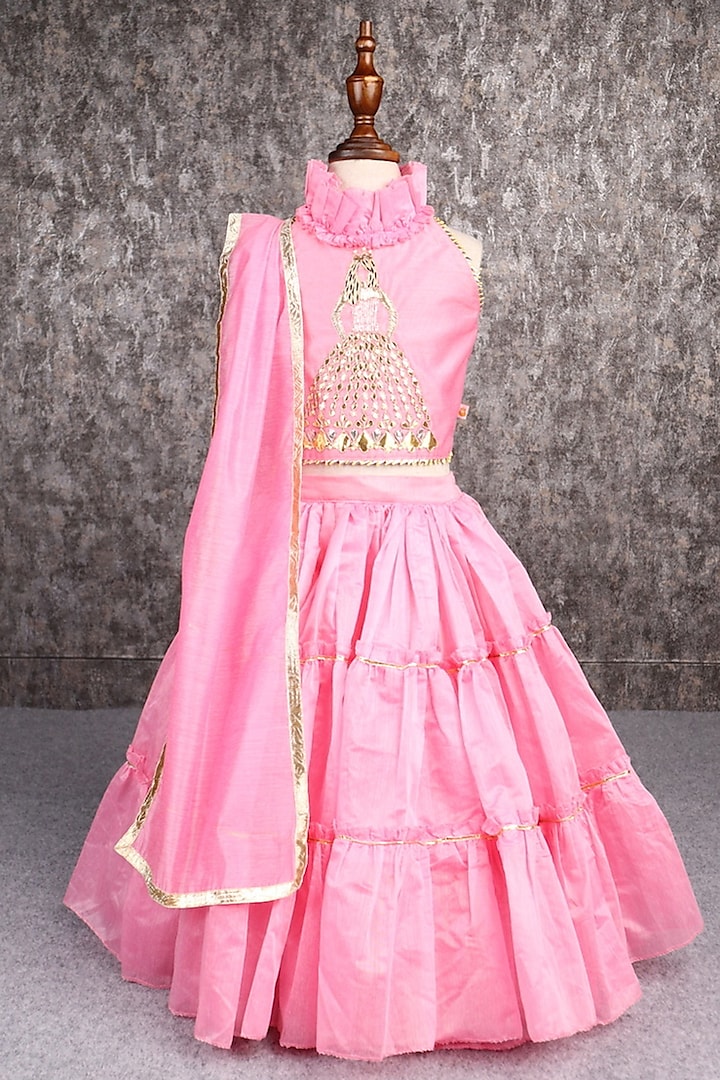 Pink Chanderi Layered Lehenga Set For Girls by PEAR BEAR at Pernia's Pop Up Shop