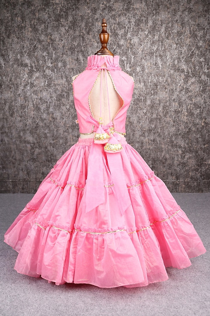 Pink Chanderi Layered Lehenga Set For Girls by PEAR BEAR at Pernia's Pop Up Shop