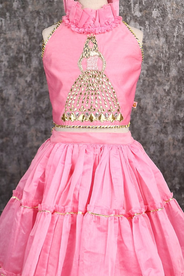 Pink Chanderi Layered Lehenga Set For Girls by PEAR BEAR at Pernia's Pop Up Shop