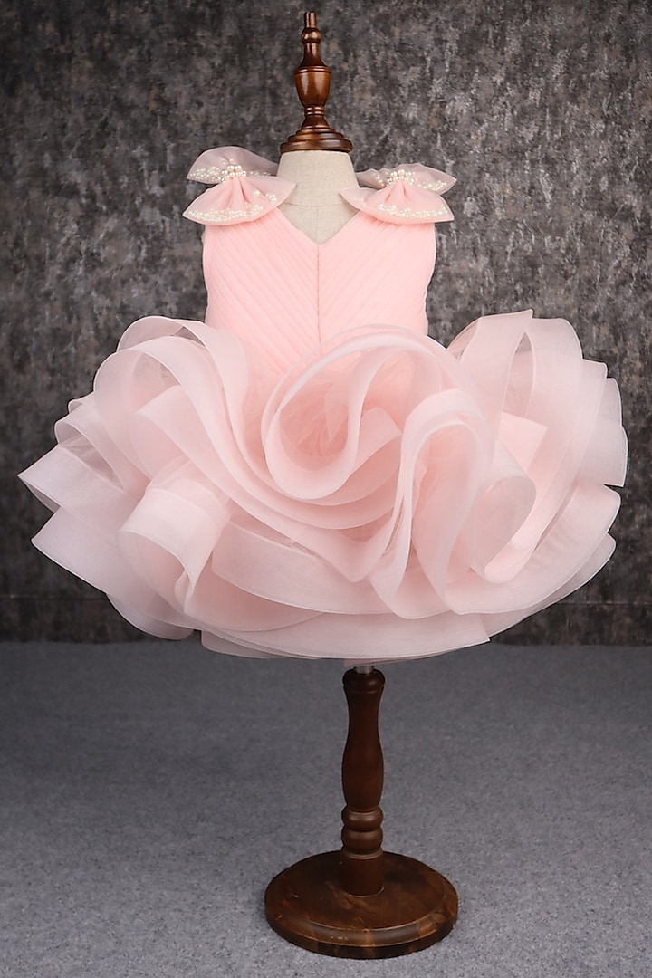 Peach Butterfly Net Pearl Embellished Dress For Girls by PEAR BEAR at Pernia's Pop Up Shop