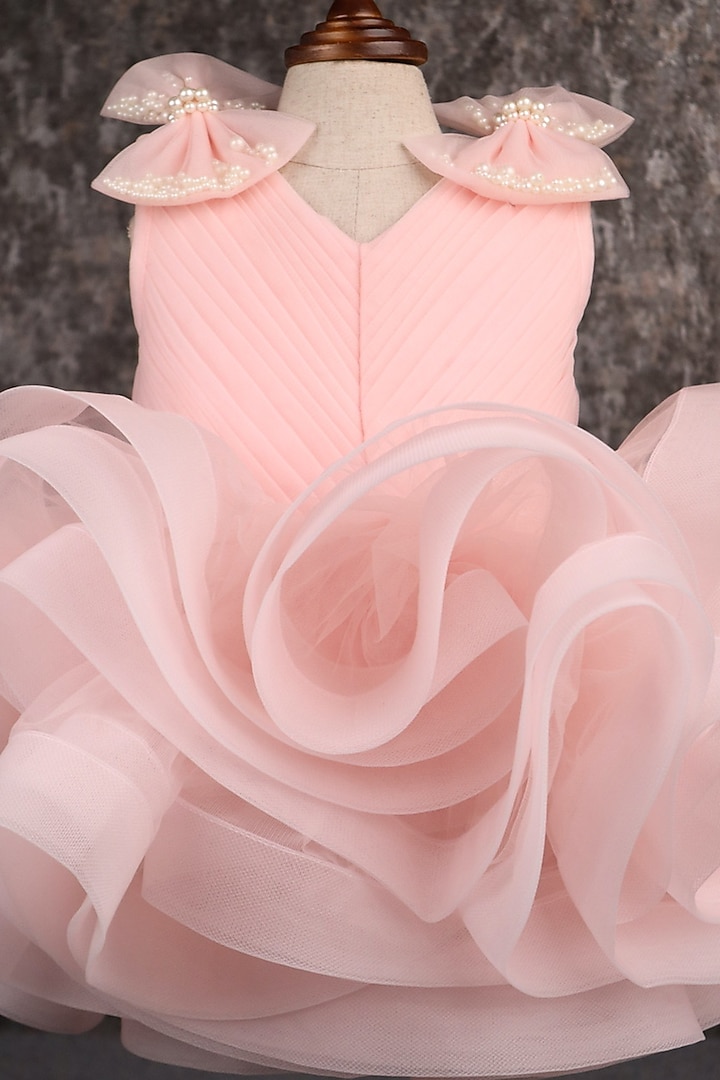 Peach Butterfly Net Pearl Embellished Dress For Girls by PEAR BEAR at Pernia's Pop Up Shop