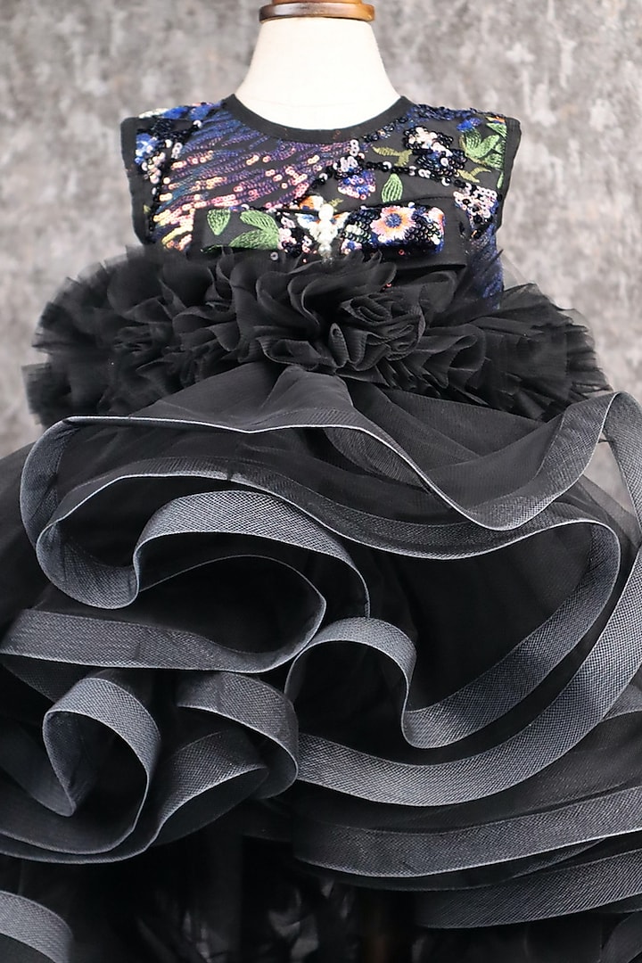 Black Butterfly Net Embroidered Gown For Girls by PEAR BEAR at Pernia's Pop Up Shop