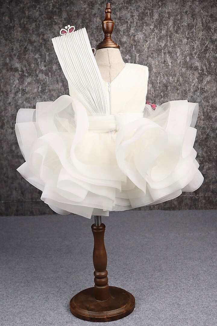 Off-White Butterfly Net Pearl Embellished Dress With Belt For Girls by PEAR BEAR at Pernia's Pop Up Shop