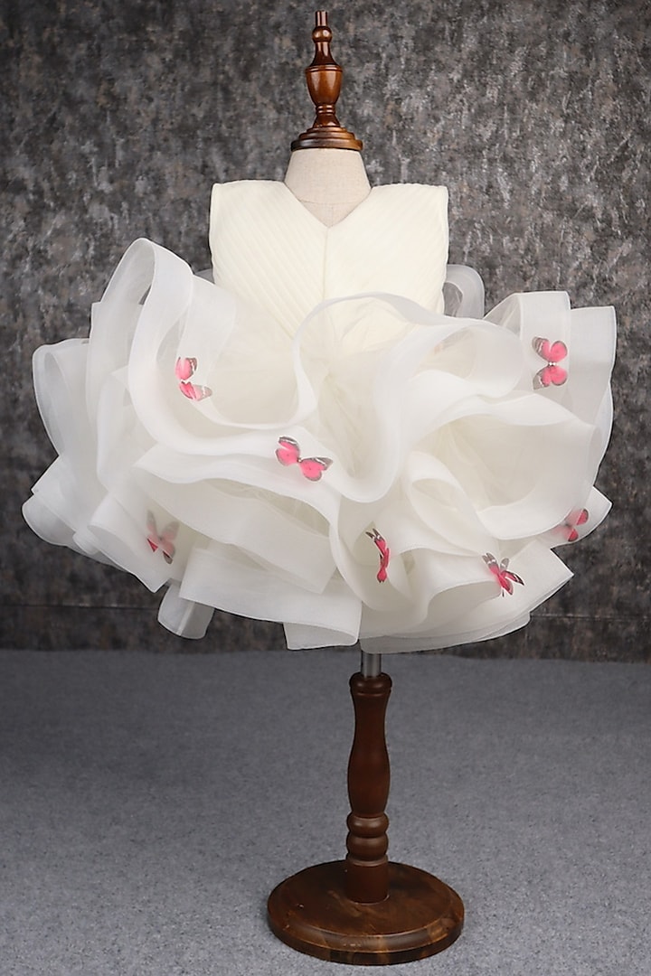 Off-White Butterfly Net Pearl Embellished Dress With Belt For Girls by PEAR BEAR at Pernia's Pop Up Shop