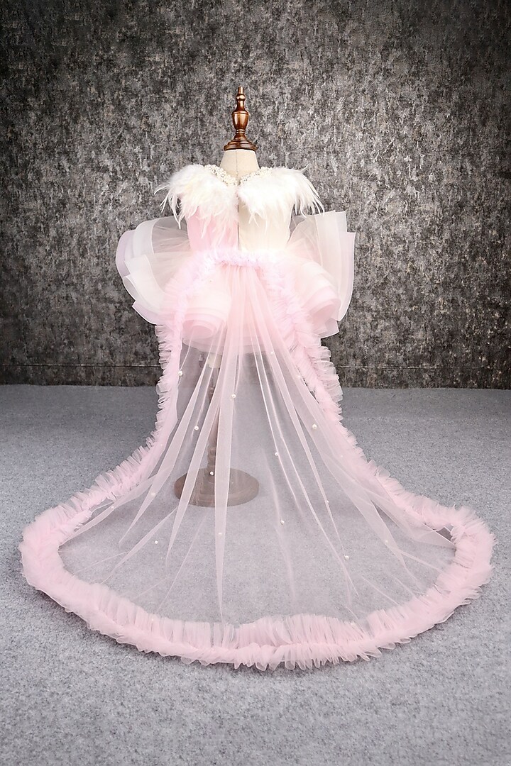 Pink & White Butterfly Net Embellished Dress For Girls by PEAR BEAR at Pernia's Pop Up Shop