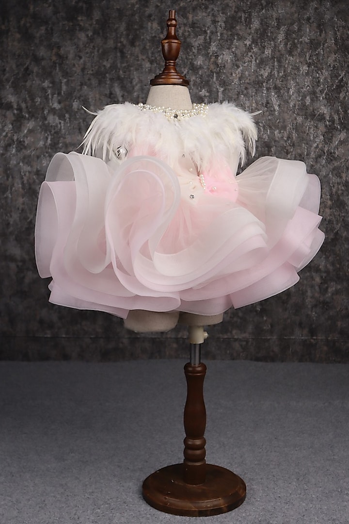 Pink & White Butterfly Net Embellished Dress For Girls by PEAR BEAR at Pernia's Pop Up Shop