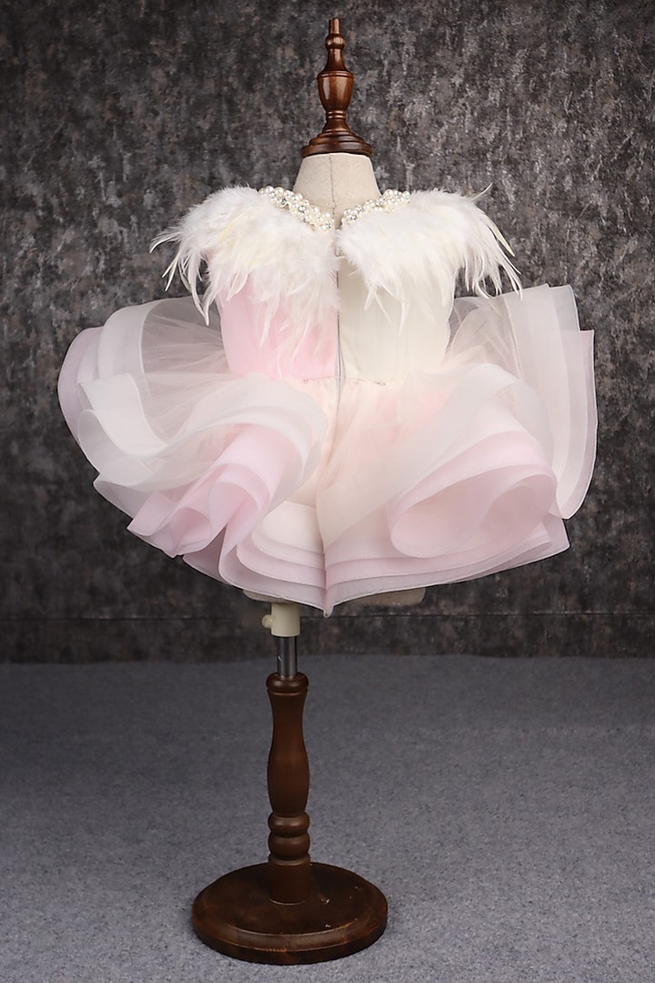Pink & White Butterfly Net Embellished Dress For Girls by PEAR BEAR at Pernia's Pop Up Shop