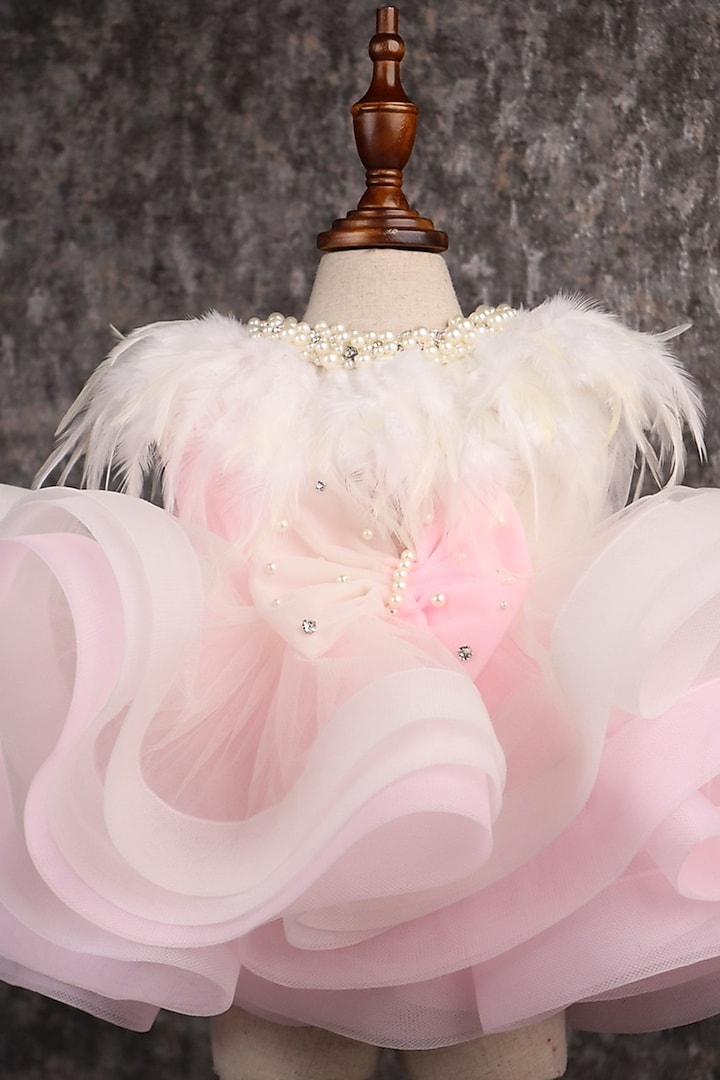 Pink & White Butterfly Net Embellished Dress For Girls by