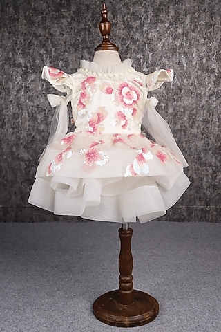 White Butterfly Net Sequins Embroidered Dress For Girls by PEAR BEAR