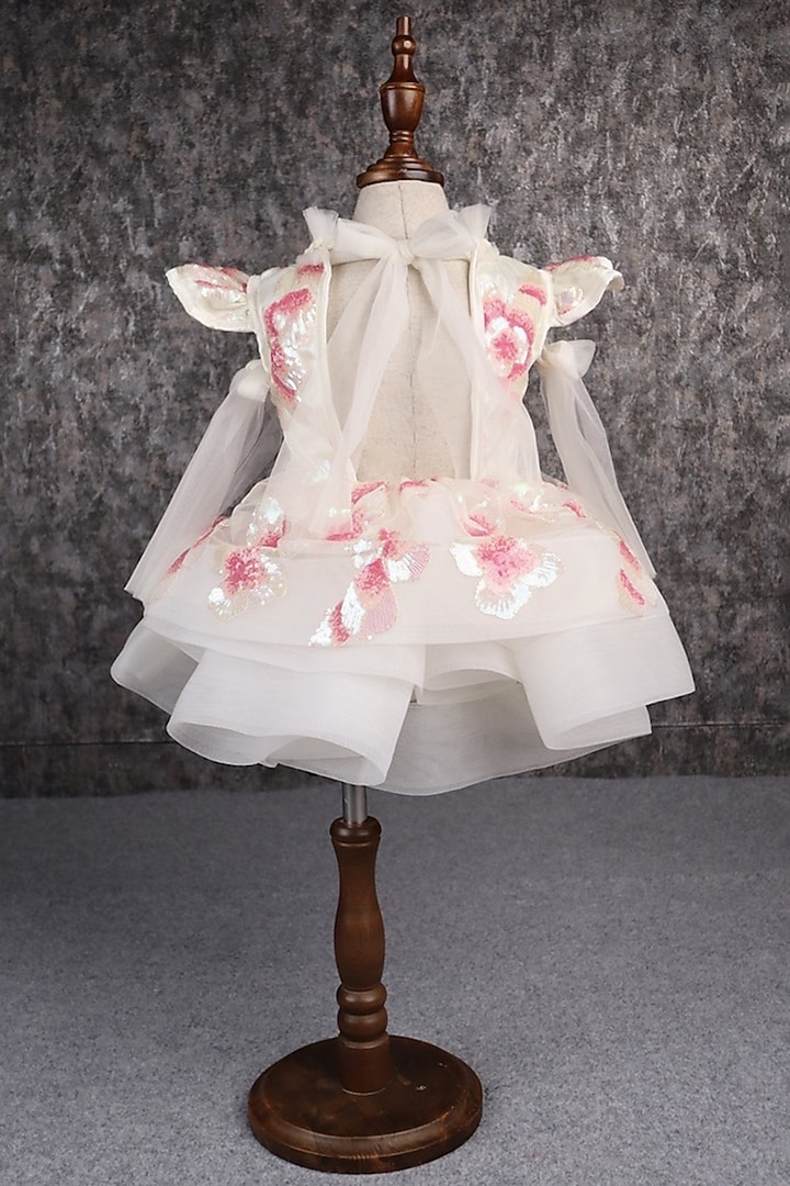 White Butterfly Net Sequins Embroidered Dress For Girls by PEAR BEAR at Pernia's Pop Up Shop