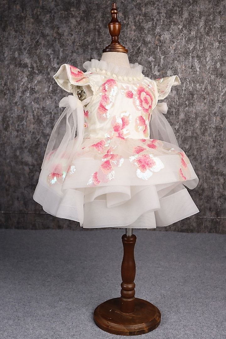 White Butterfly Net Sequins Embroidered Dress For Girls by PEAR BEAR at Pernia's Pop Up Shop
