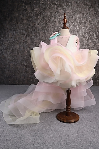 Multi-Colored Butterfly Net Stone Embellished Ruffled Dress For Girls by PEAR BEAR