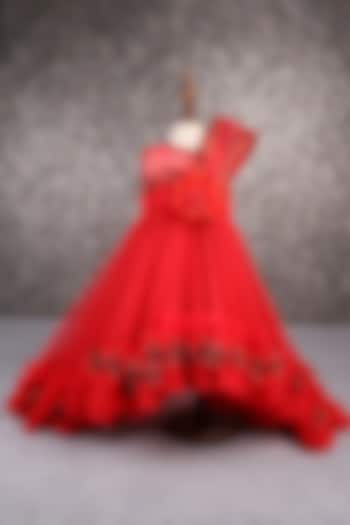 Red Butterfly Net Embellished Gown For Girls by PEAR BEAR at Pernia's Pop Up Shop