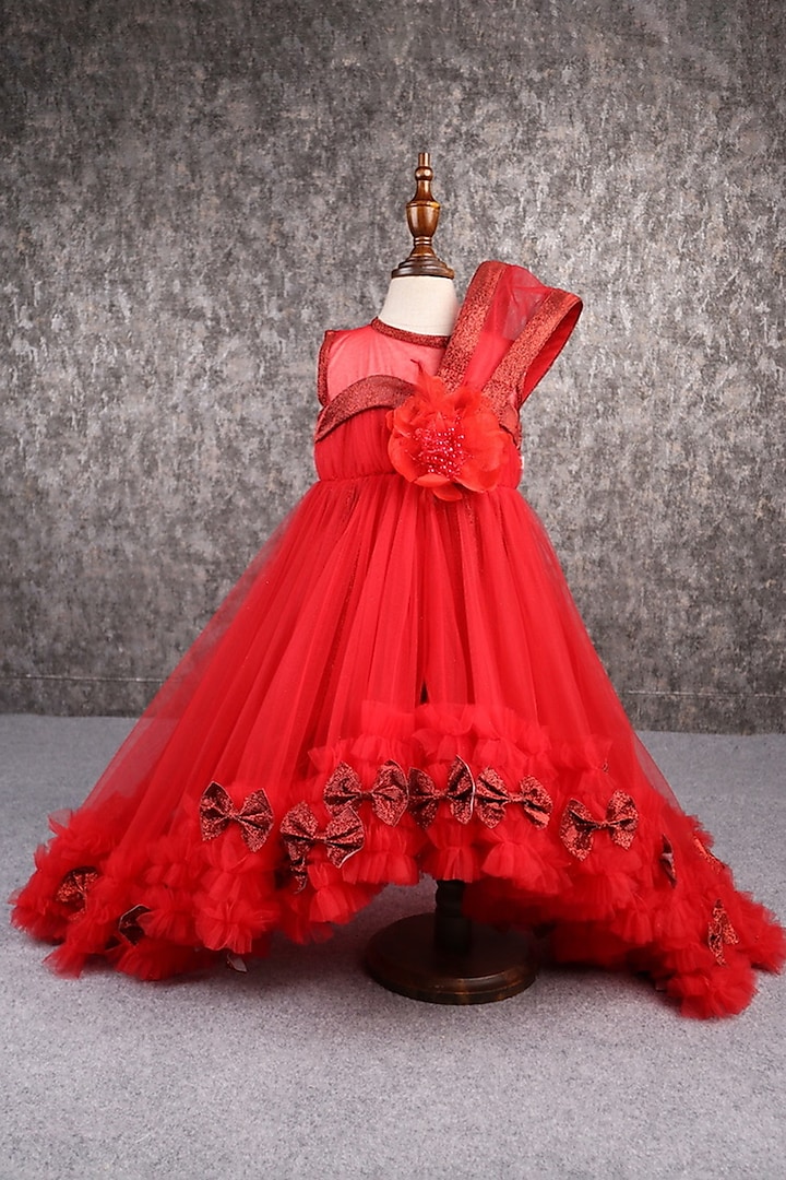 Red Butterfly Net Embellished Gown For Girls by PEAR BEAR at Pernia's Pop Up Shop