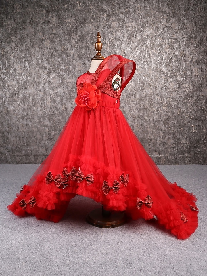 Red Butterfly Net Embellished Gown For Girls by PEAR BEAR at Pernia's Pop Up Shop