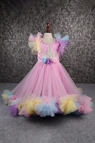 Lavender Butterfly Net Pearl Embellished Frilled Gown For Girls by PEAR BEAR