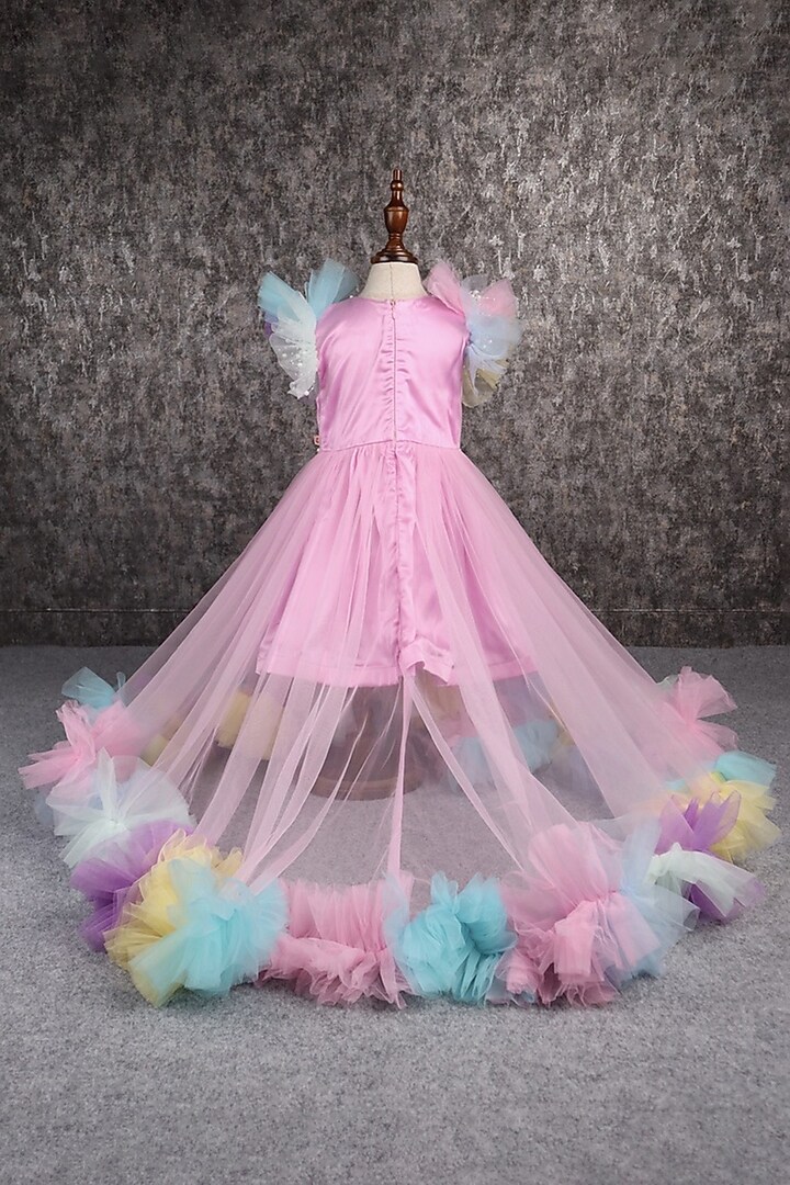 Lavender Butterfly Net Pearl Embellished Frilled Gown For Girls by PEAR BEAR at Pernia's Pop Up Shop