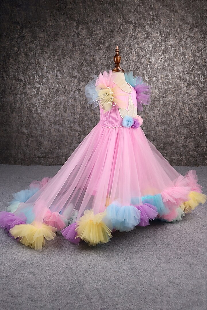 Lavender Butterfly Net Pearl Embellished Frilled Gown For Girls by PEAR BEAR at Pernia's Pop Up Shop