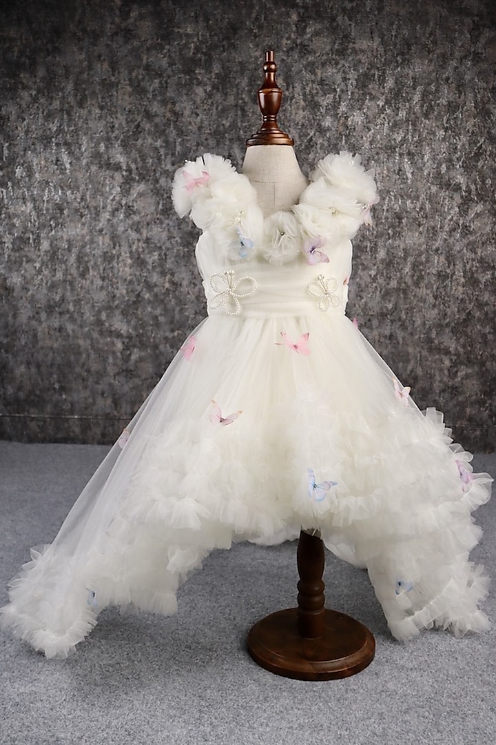 Off-White Butterfly Net Pearl Embellished Dress For Girls by PEAR BEAR at Pernia's Pop Up Shop