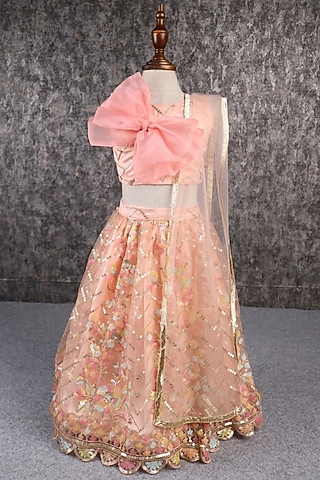 Multi-Colored Sati & Shantoon Embroidered Lehenga Set For Girls by PEAR BEAR