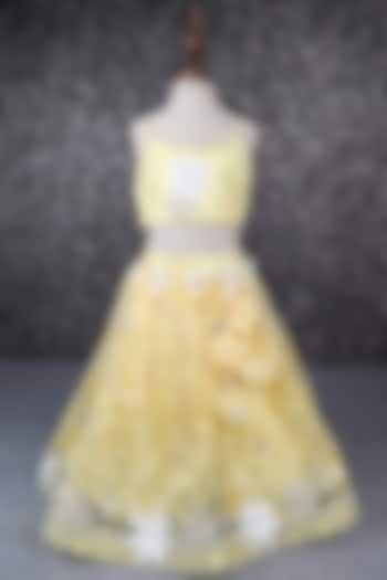 Yellow Satin & Shantoon Embroidered Lehenga Set For Girls by PEAR BEAR at Pernia's Pop Up Shop