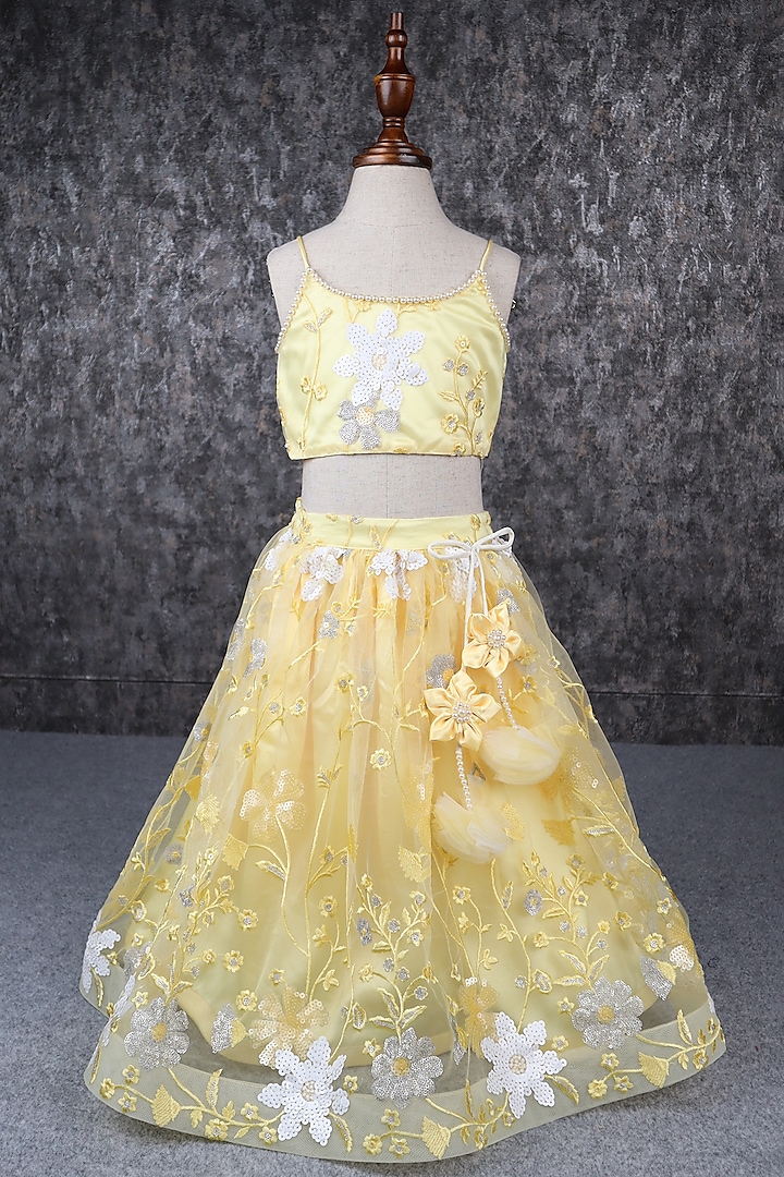 Yellow Satin & Shantoon Embroidered Lehenga Set For Girls by PEAR BEAR at Pernia's Pop Up Shop