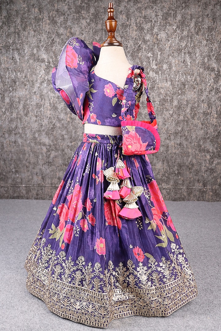 Purple Crepe Floral Printed & Embroidered Lehenga Set For Girls by PEAR BEAR at Pernia's Pop Up Shop