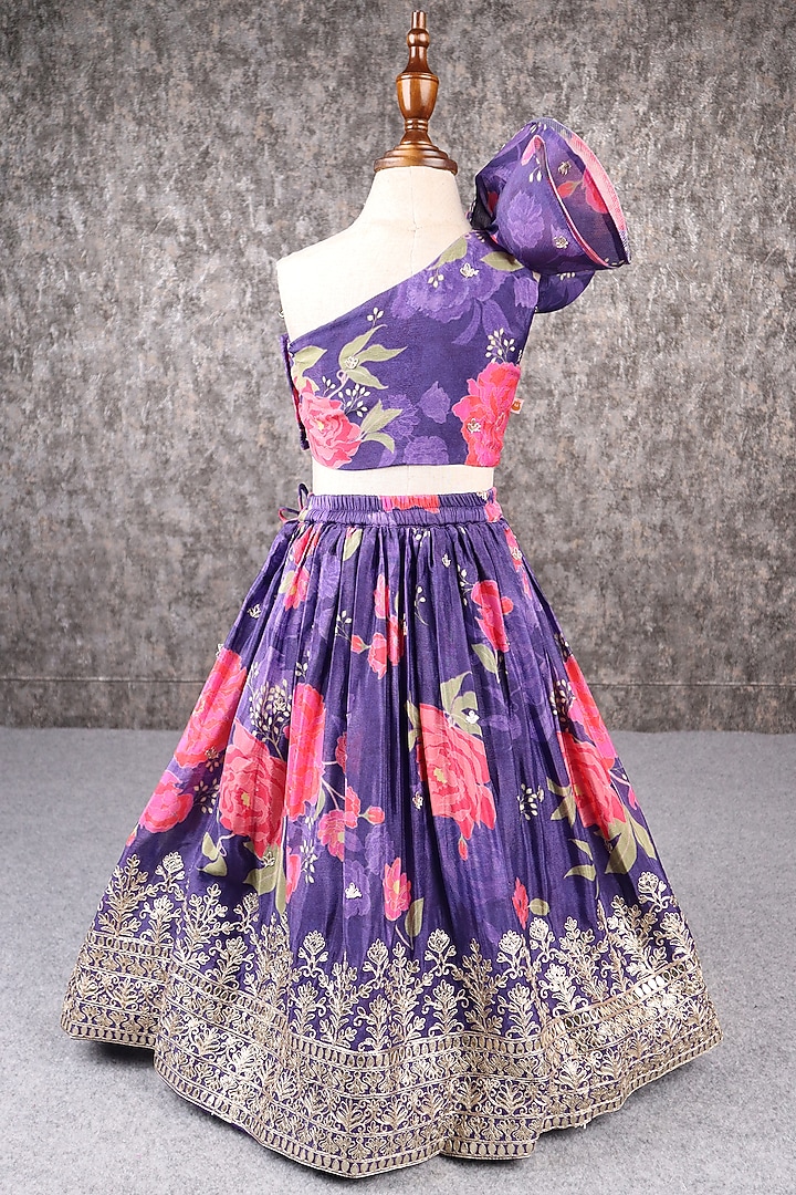 Purple Crepe Floral Printed & Embroidered Lehenga Set For Girls by PEAR BEAR at Pernia's Pop Up Shop