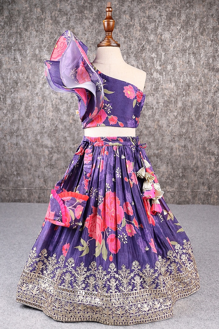 Purple Crepe Floral Printed & Embroidered Lehenga Set For Girls by PEAR BEAR at Pernia's Pop Up Shop