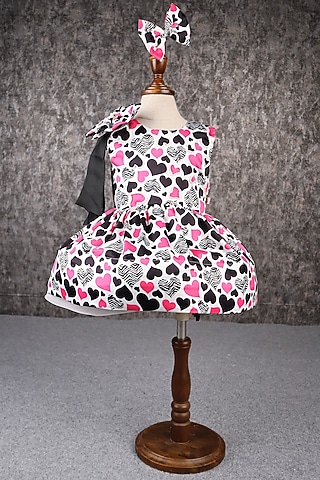 Multi-Colored Satin Printed & Pearl Embellished Dress For Girls by PEAR BEAR