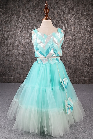 Sea Green Butterfly Net & Satin Embroidered Layered Sharara Set For Girls by PEAR BEAR