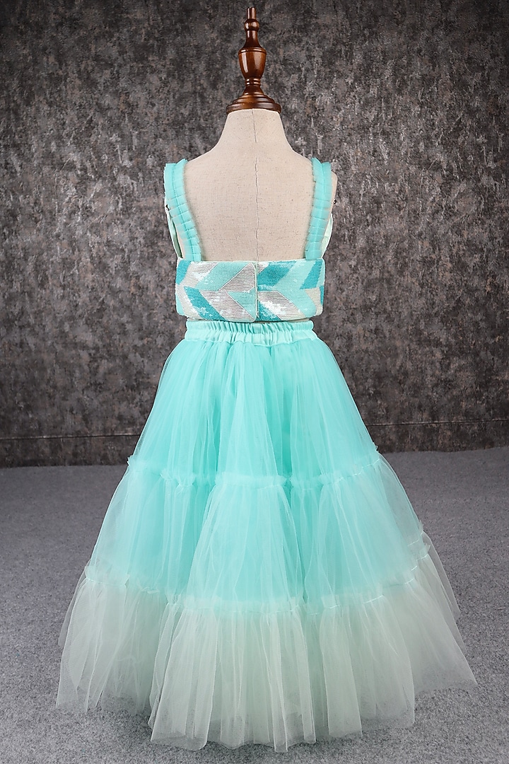 Sea Green Butterfly Net & Satin Embroidered Layered Sharara Set For Girls by PEAR BEAR at Pernia's Pop Up Shop