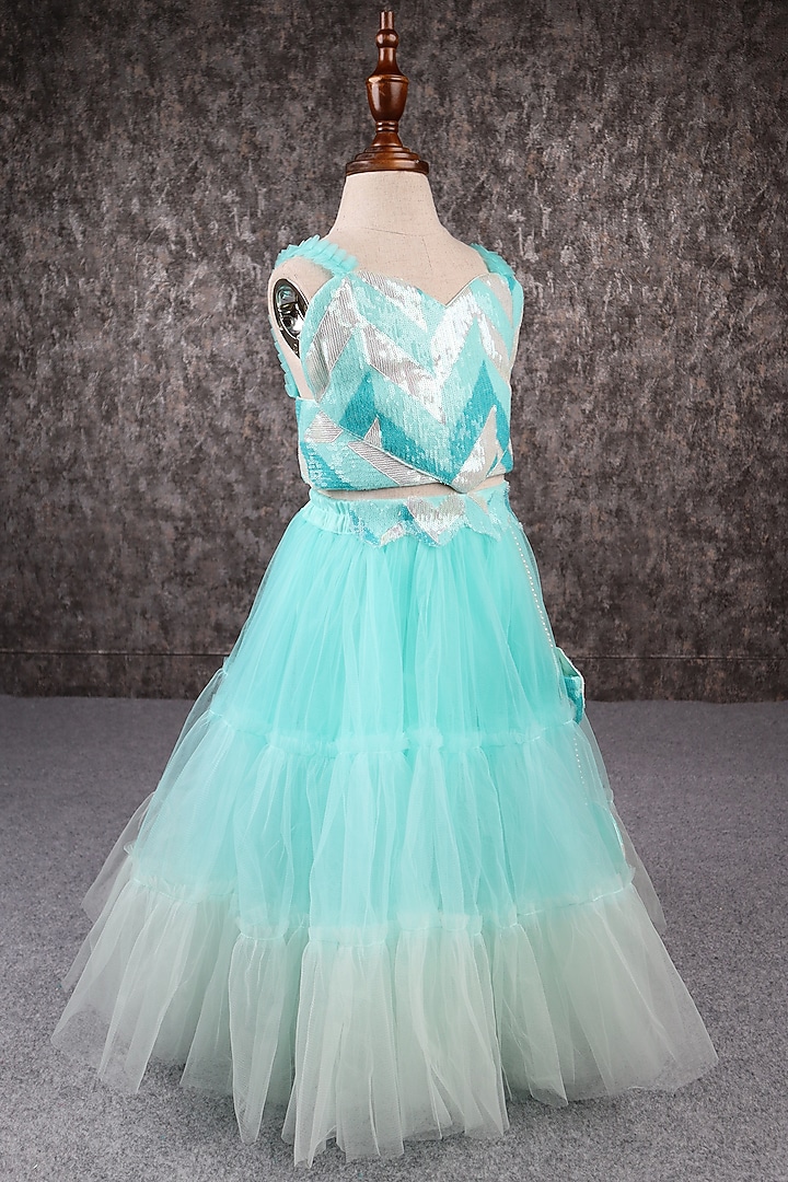Sea Green Butterfly Net & Satin Embroidered Layered Sharara Set For Girls by PEAR BEAR at Pernia's Pop Up Shop