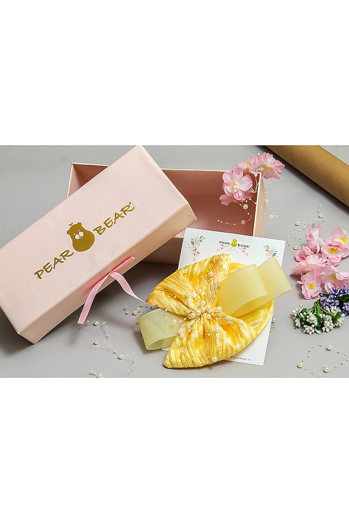 Yellow Satin Sequins Embroidered Bow Hair Clip For Girls by PEAR BEAR at Pernia's Pop Up Shop