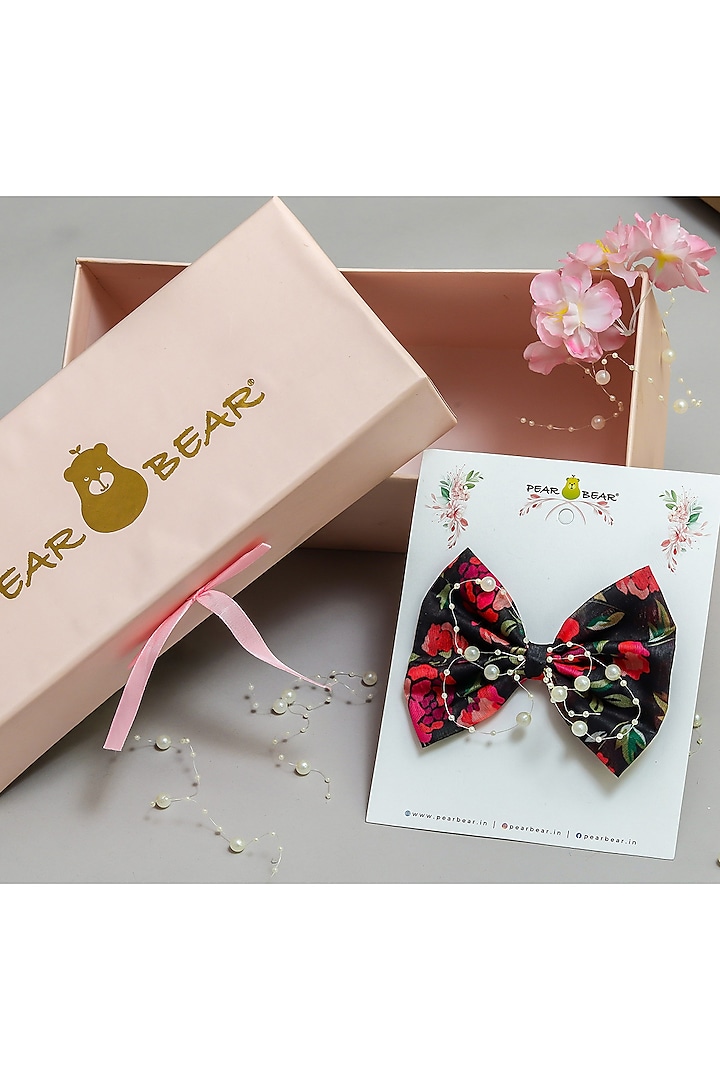 Black & Pink Fancy Floral Printed Bow Hair Clip For Girls by PEAR BEAR at Pernia's Pop Up Shop