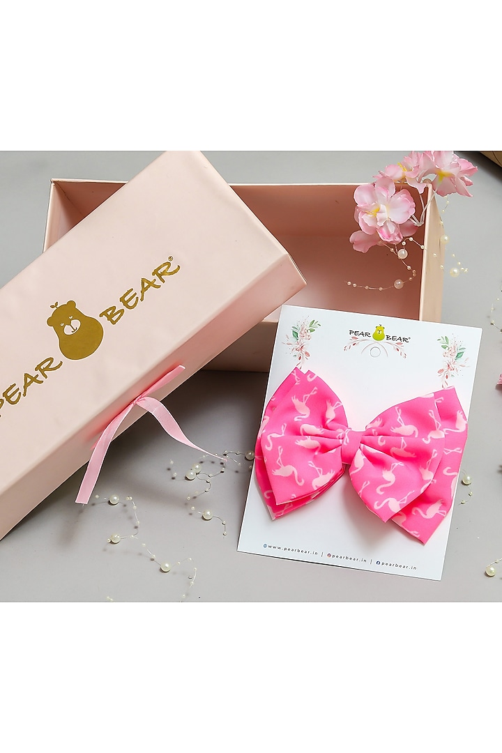 Pink Crepe Printed Dual Bow Hair Clip For Girls by PEAR BEAR at Pernia's Pop Up Shop