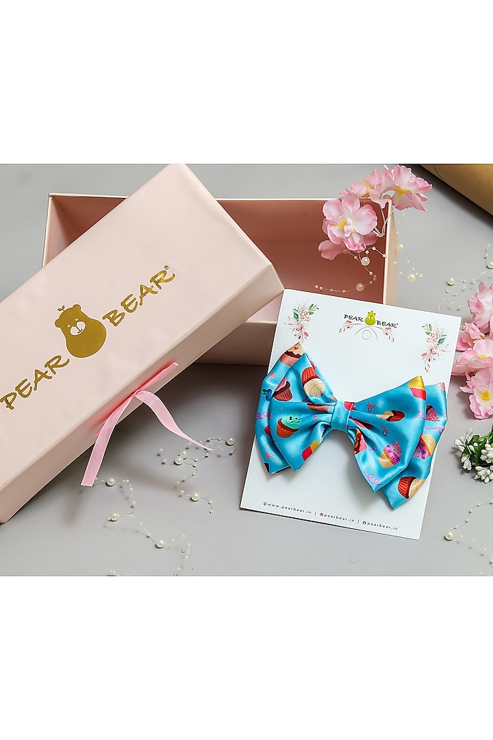 Blue Satin Printed Dual Bow Hair Clip For Girls by PEAR BEAR at Pernia's Pop Up Shop