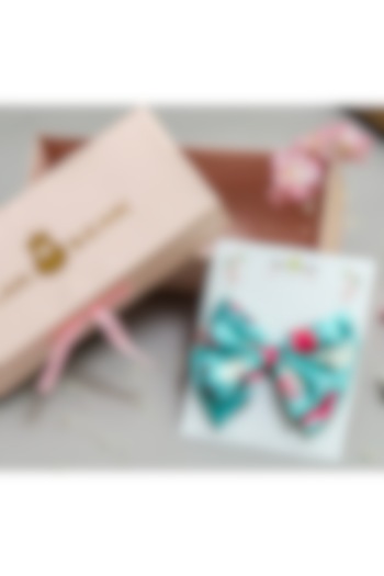 Sea Green Satin Printed Dual Bow Hair Clip For Girls by PEAR BEAR at Pernia's Pop Up Shop