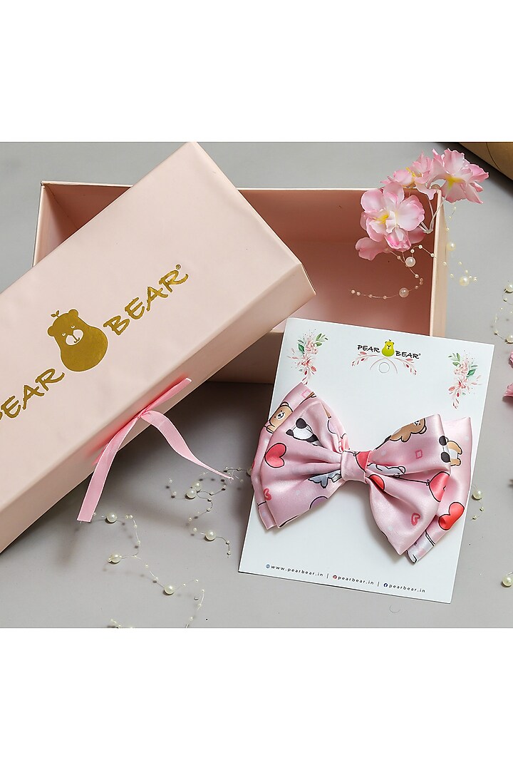 Pink Satin Printed Dual Bow Hair Clip For Girls by PEAR BEAR at Pernia's Pop Up Shop