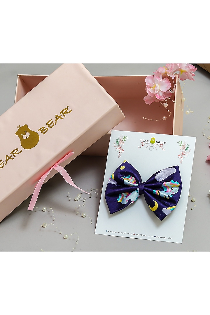 Navy Blue Satin Unicorn Printed Bow Hair Clip For Girls by PEAR BEAR at Pernia's Pop Up Shop