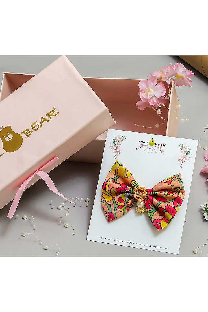 Multi-Colored Chanderi Floral Printed Bow Hair Clip For Girls by PEAR BEAR at Pernia's Pop Up Shop