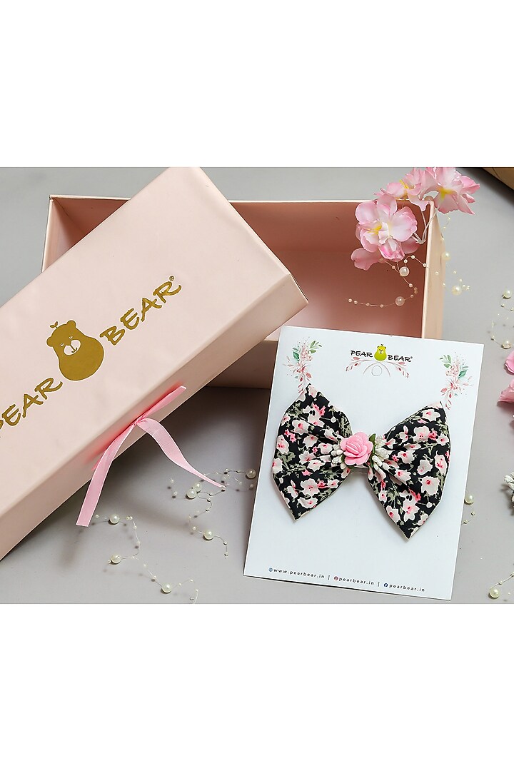 Black Floral Printed Bow Hair Clip For Girls by PEAR BEAR at Pernia's Pop Up Shop