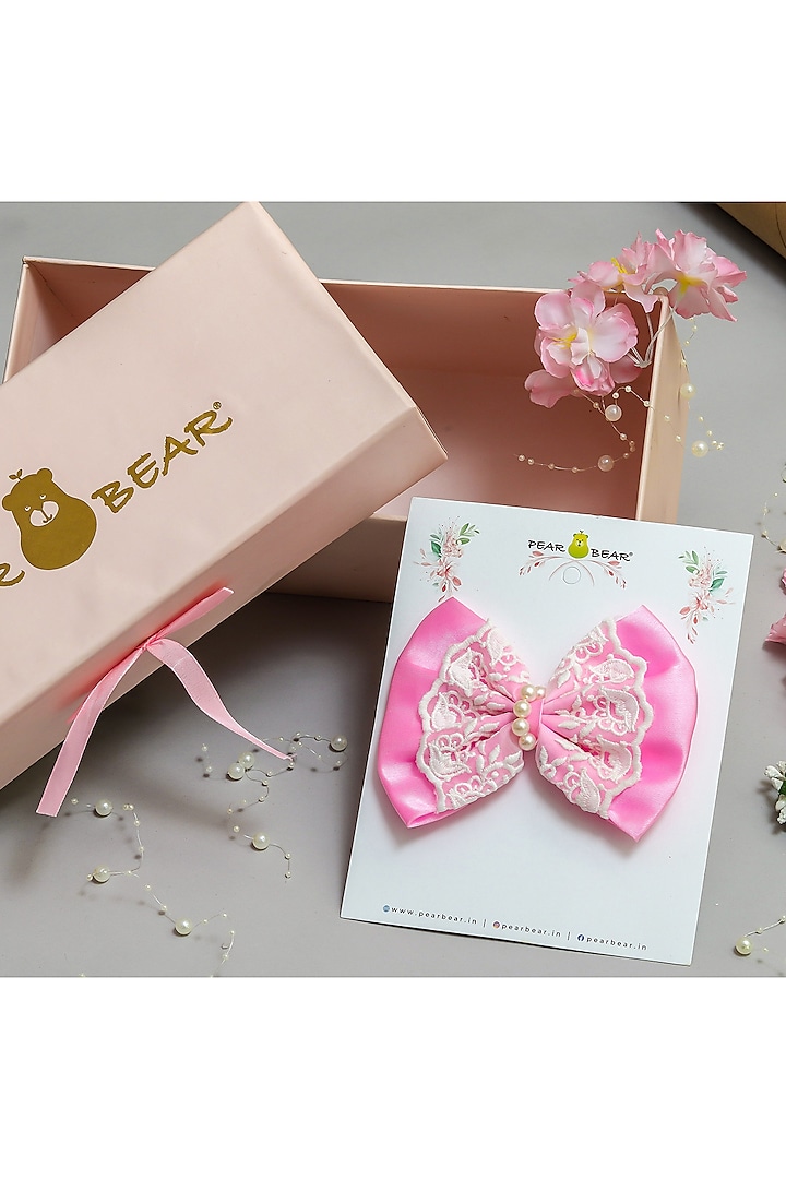 Pink Organza & Satin Pearl Embroidered Bow Hair Clip For Girls by PEAR BEAR at Pernia's Pop Up Shop