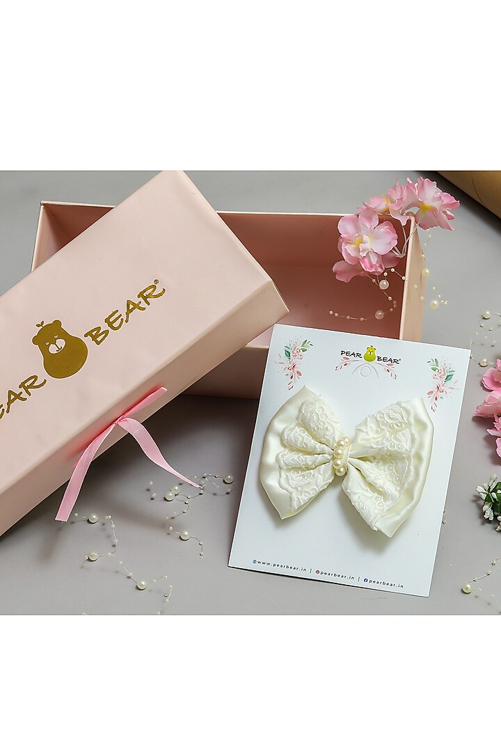 Off-White Organza & Satin Pearl Embroidered Bow Hair Clip For Girls by PEAR BEAR at Pernia's Pop Up Shop