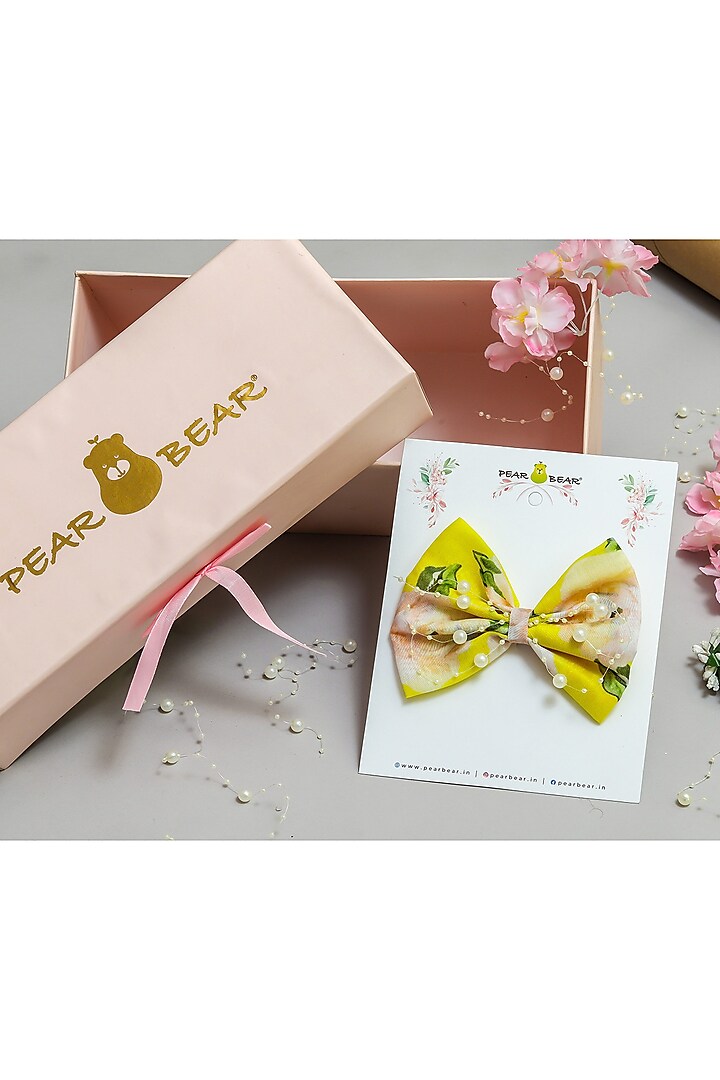 Yellow Chanderi Floral Printed Bow Hair Clip For Girls by PEAR BEAR at Pernia's Pop Up Shop