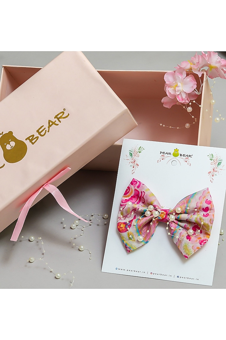 Multi-Colored Chanderi Floral Printed Bow Hair Clip For Girls by PEAR BEAR at Pernia's Pop Up Shop