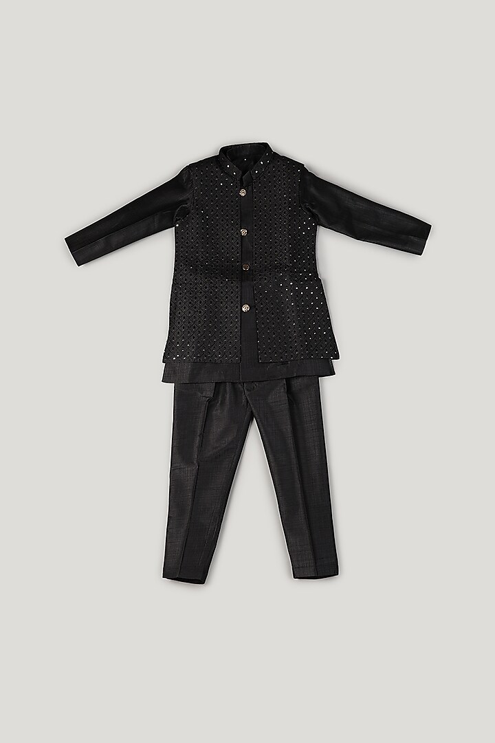 Black Embellished Waistcoat Set For Boys by Pebbles
