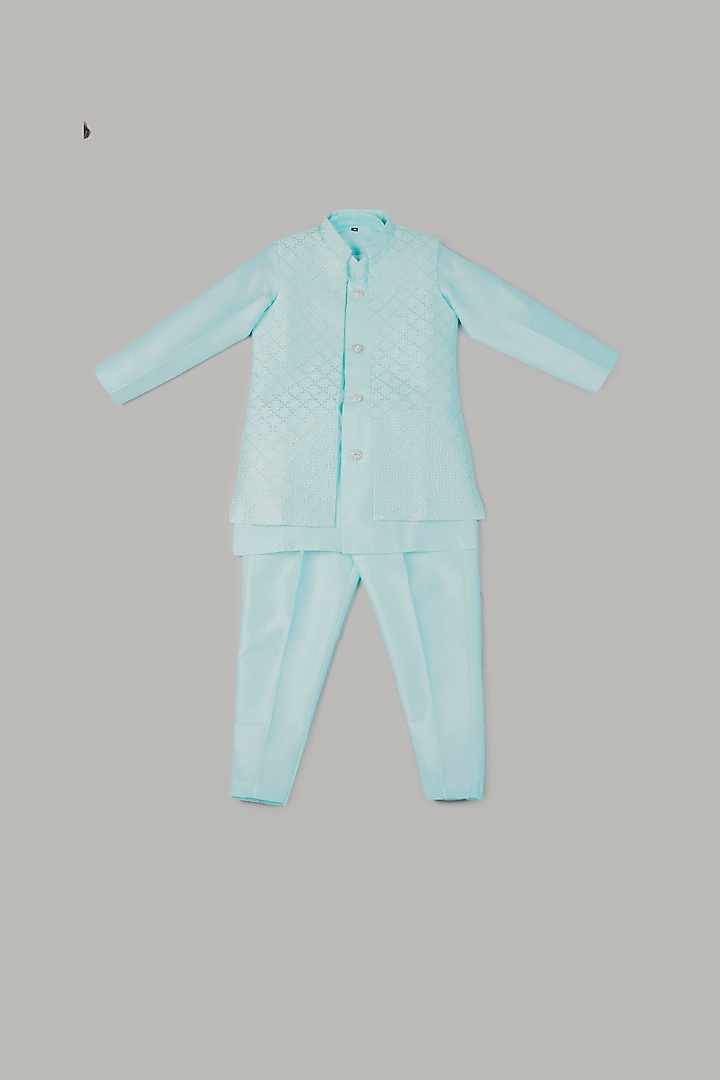 Powder Blue Embroidered Waistcoat Set For Boys by Pebbles