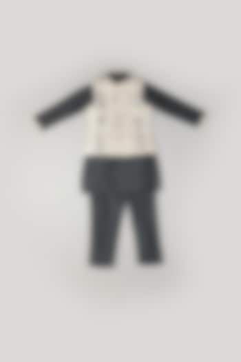 Black Silk Kurta Set With Bundi Jacket For Boys by Pebbles