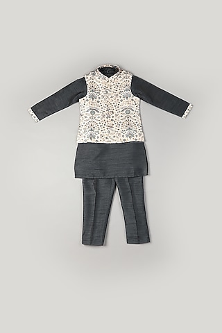 Black Silk Kurta Set With Bundi Jacket For Boys by Pebbles
